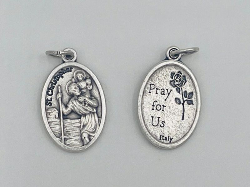 Saint Christopher Silver Tone Oxidized Medal