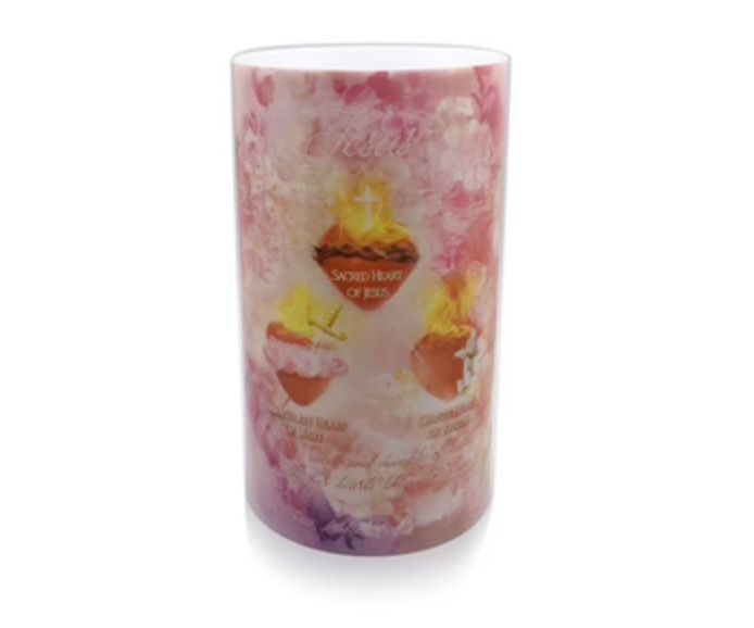 LED Candle 4x7&quot; - Three Hearts &amp; Holy Family