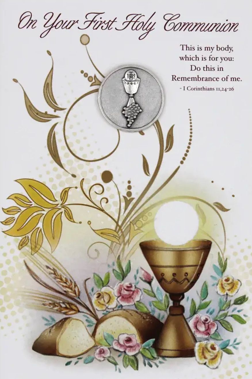 First Holy Communion Card with pocket prayer token/coin