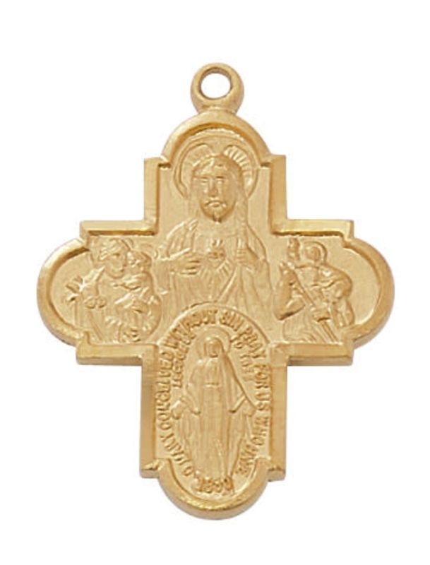 4-Way Cross pendant, gold over sterling silver, 18&quot; rhodium chain