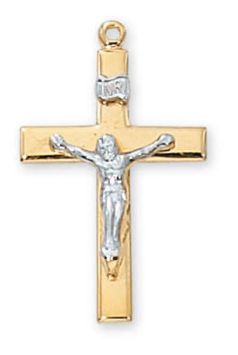 Crucifix  1 1/4&quot;  Gold over SS + 18&quot; Gold plated chain