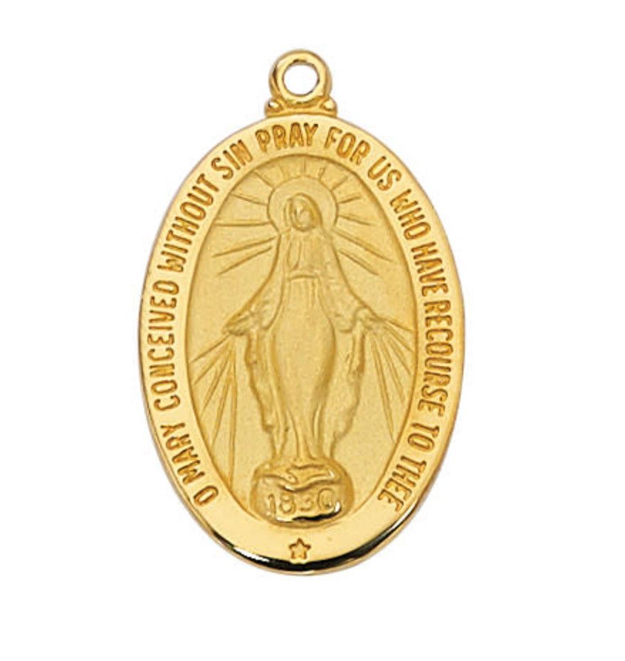 1&quot; Miraculous Medal pendant, gold over sterling silver + 20&quot; gold plated chain