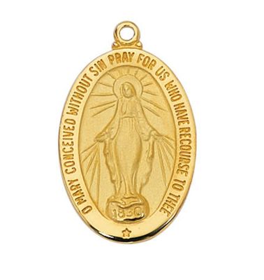 1&quot; Miraculous Medal pendant, gold over sterling silver + 20&quot; gold plated chain