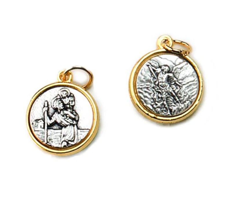 St Michael + St Christopher double-sided, two-tone medal 1/2 inch