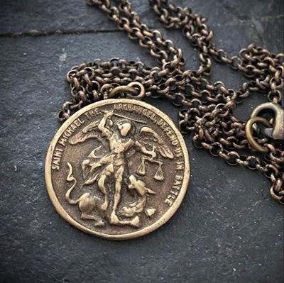 Archangel St Michael Men&#39;s Antique Brass Necklace
