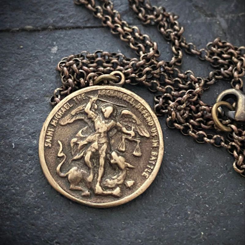 Archangel St Michael Men&#39;s Antique Brass Necklace