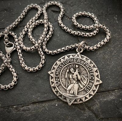 St Christopher Compass Large Silver Pewter Men&#39;s Pendant Necklace