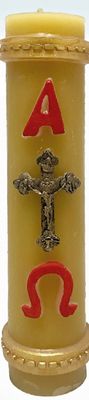 Beeswax Cirios Candle - Alpha &amp; Omega + Crucifix  7.75&quot; x 1.75&quot;