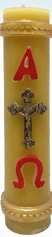 Beeswax Cirios Candle - Alpha &amp; Omega + Crucifix  7.75&quot; x 1.75&quot;