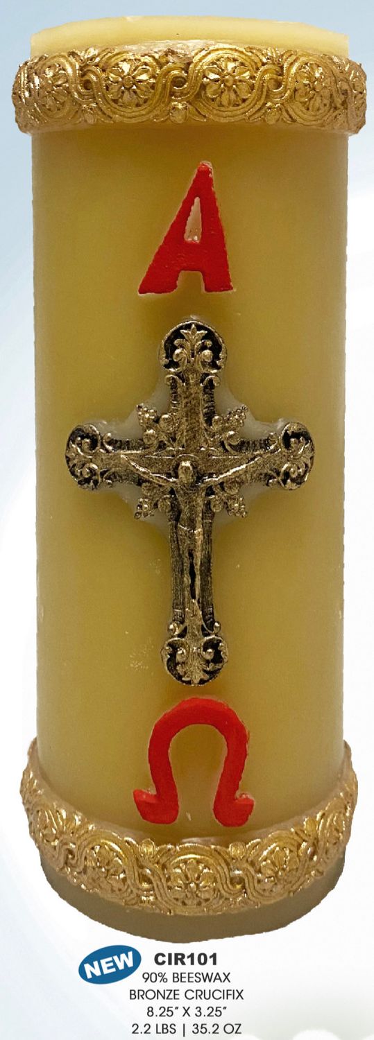 Beeswax Cirio Candle- Alpha &amp; Omega + Crucifix 8.25 x 3.25&quot;