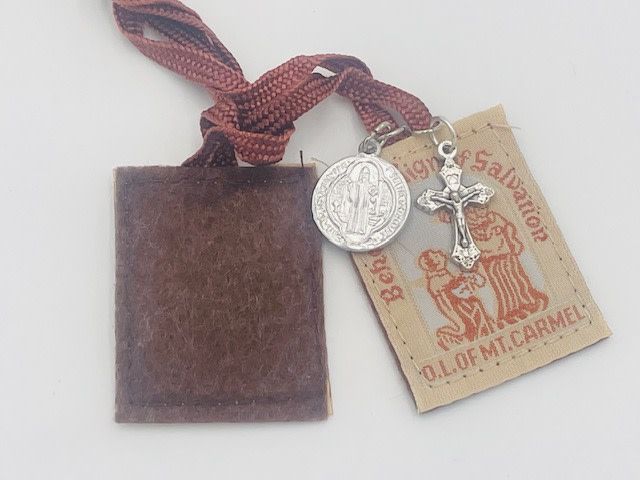 Brown Scapular with Crucifix + St Benedict Medal