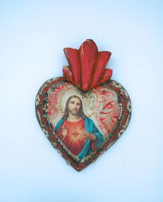 Sacred Heart of Jesus + milagros hand painted wood heart