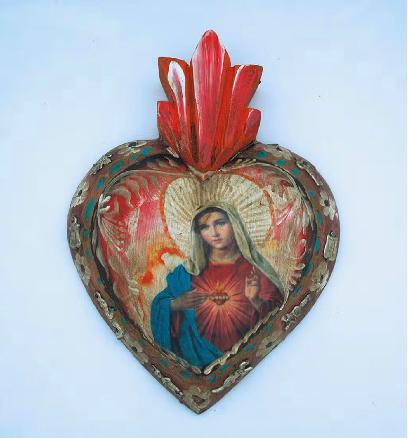 Immaculate Heart of Mary + milagros hand painted wood heart