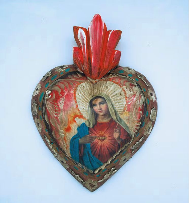Immaculate Heart of Mary + milagros hand painted wood heart