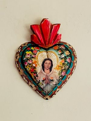 Rosa Mystica + milagros hand painted wood heart