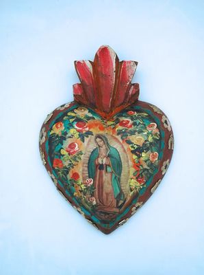 Our Lady of Guadalupe + milagros handmade wood heart