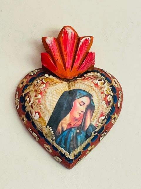 Our Lady of Sorrows + milagros handcrafted wood heart