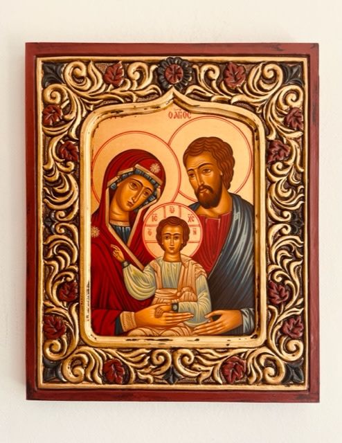 Holy Family hand painted serigraph icon with carved, flowered frame