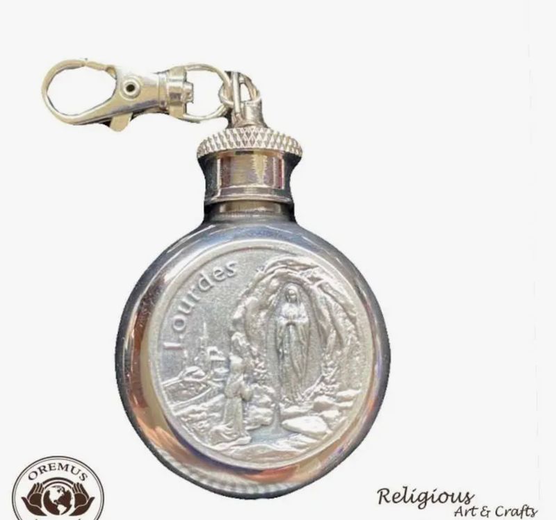 Our Lady of Lourdes Stainless Steel Holy Water Flask - 1oz