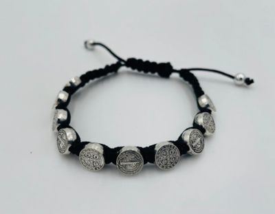St Benedict black slip knot bracelet with silver tone medals