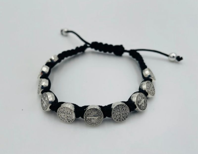 St Benedict black slip knot bracelet with silver tone medals