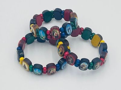 Child-sized wood bracelet, multi-colored with assorted sacred images