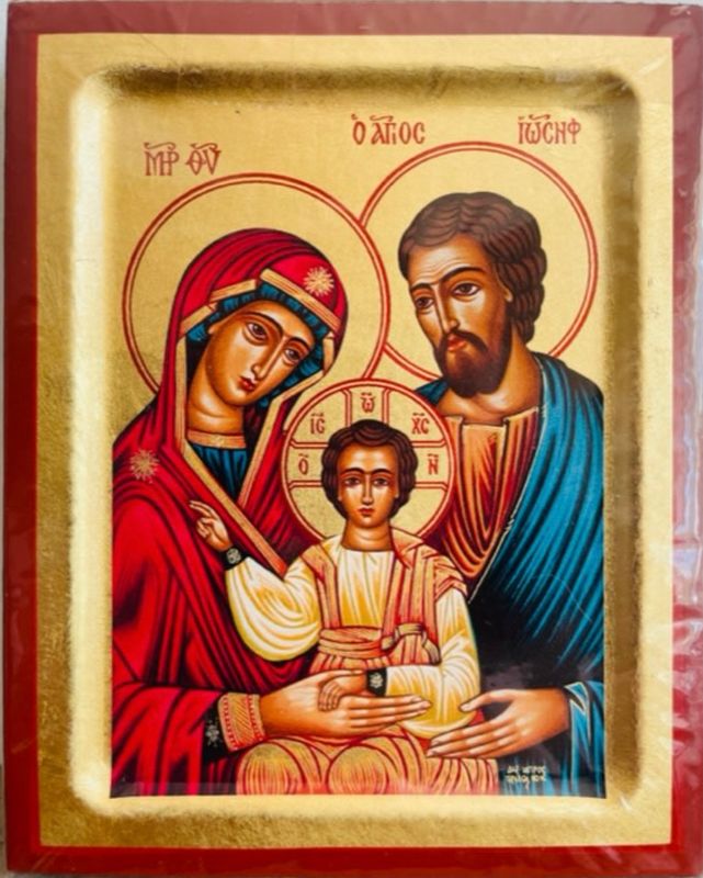 Holy Family Greek hand painted serigraph icon,  4 x 5 inches