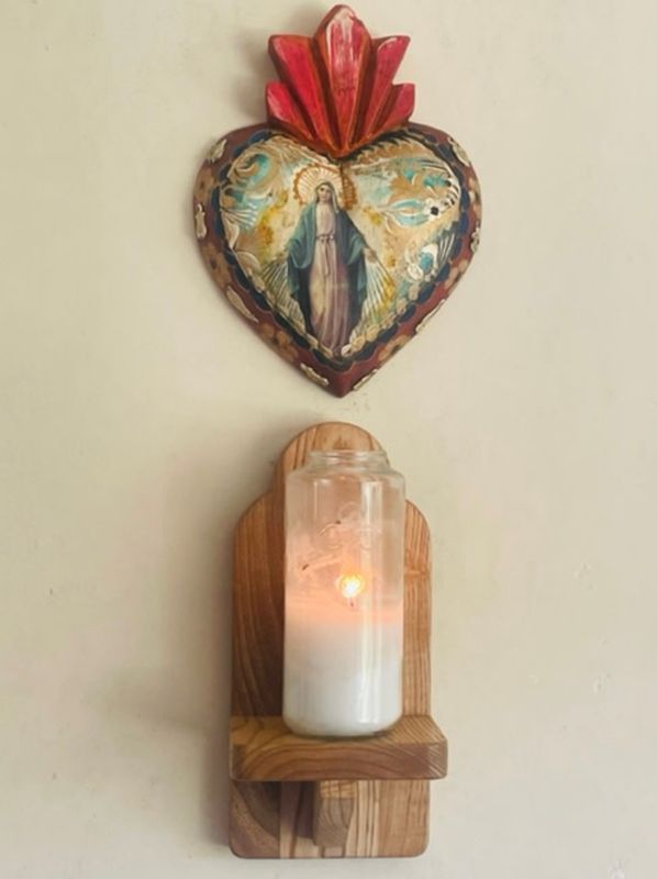 Our Lady of Grace + milagros hand painted wood heart