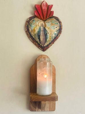 Our Lady of Grace + milagros hand painted wood heart