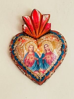 Twin Hearts + milagros hand painted wood heart