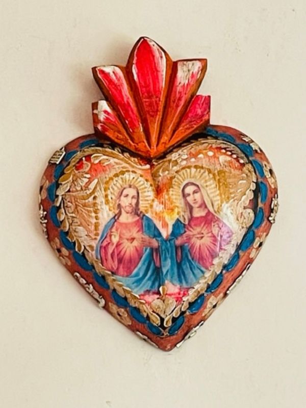 Twin Hearts + milagros hand painted wood heart