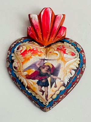 Saint Michael + milagros hand painted wood heart  9.5&quot;