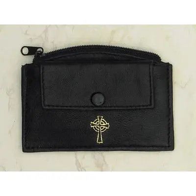 Black Leather Rosary Case with zipper + snap pocket