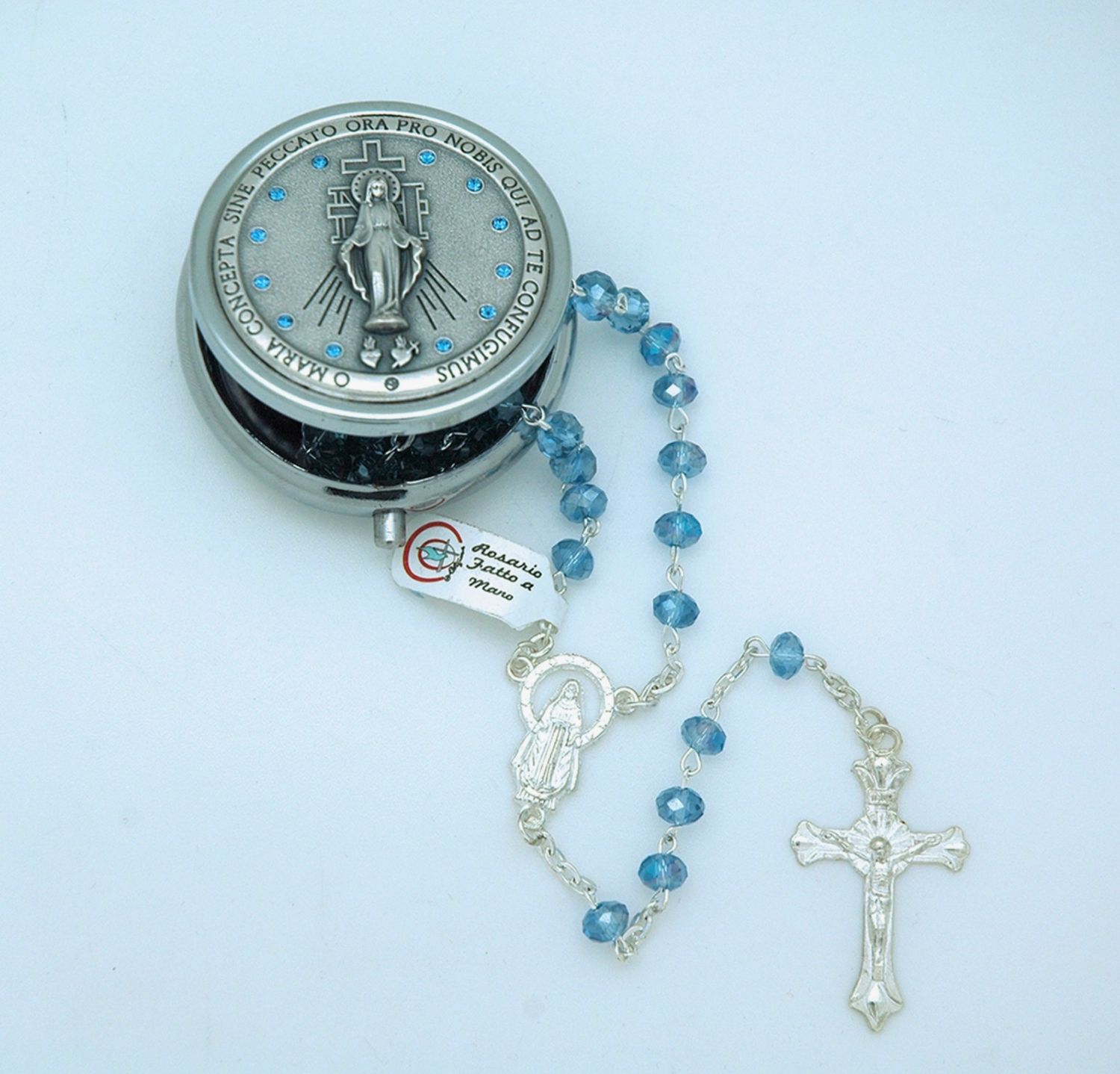 Blue 5mm Glass Rosary + Italian Rosary/Pyx Box