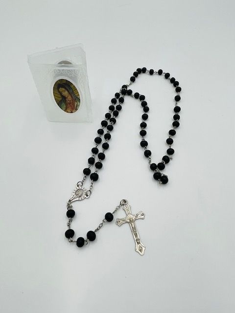 Black Rose Scented Rosary with clear Guadalupe plastic case