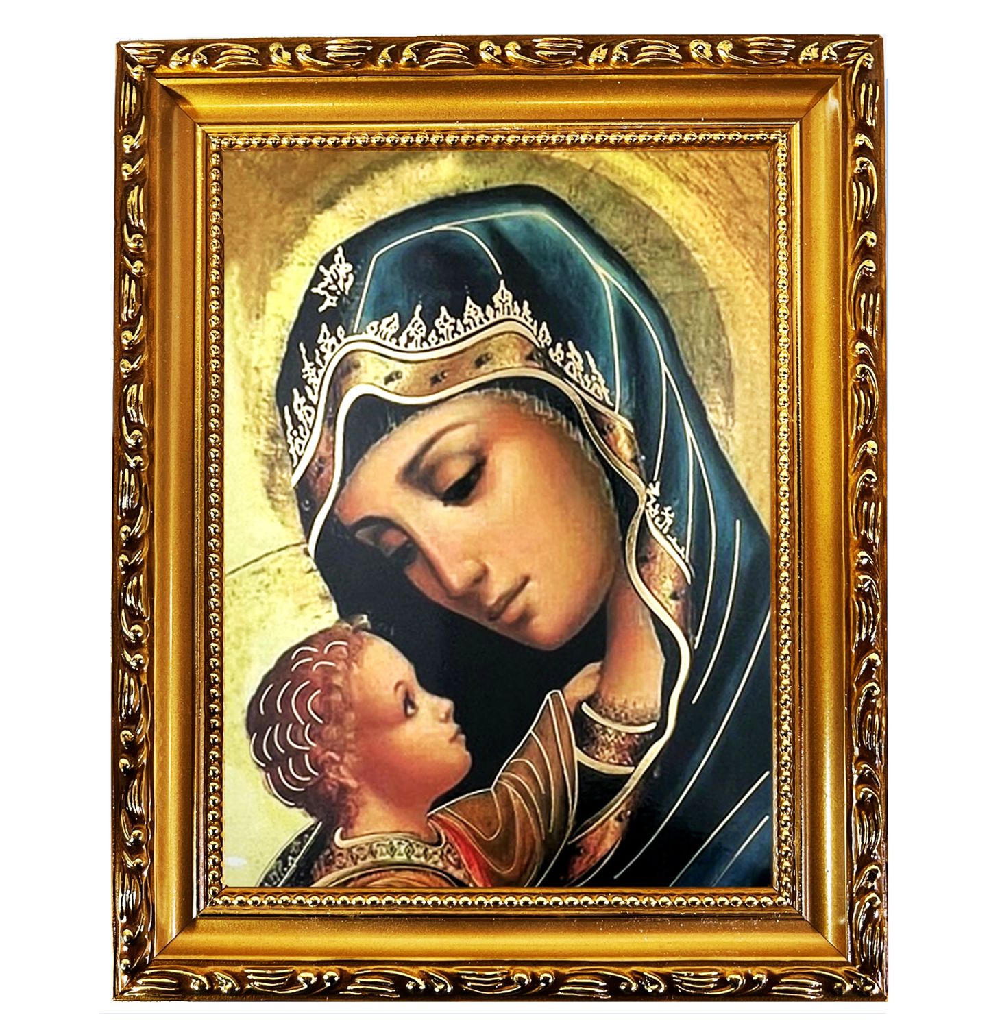 Madonna and Child Foil Icon in Wooden Gold Frame