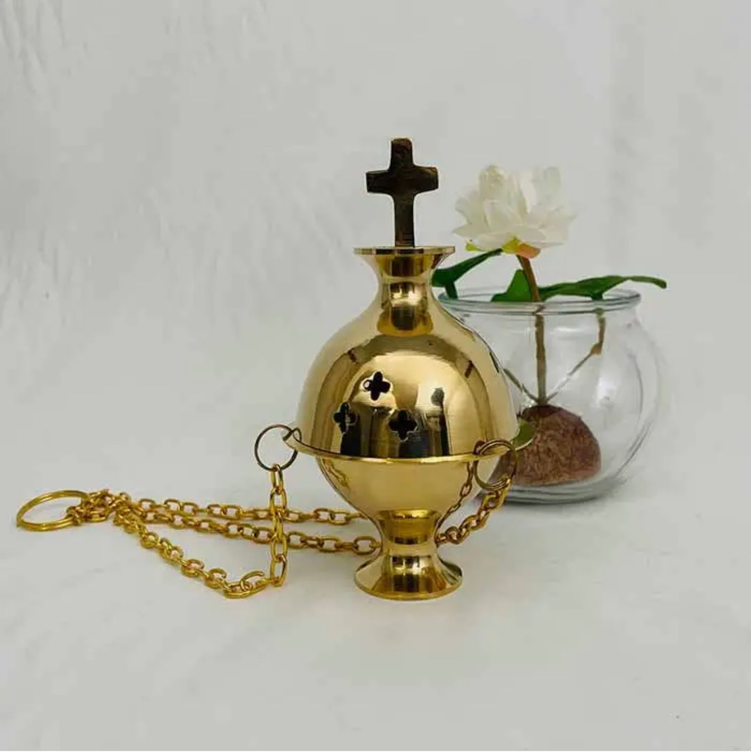 Sacred Serenity: 6&quot; Brass Incense Burner on Chain