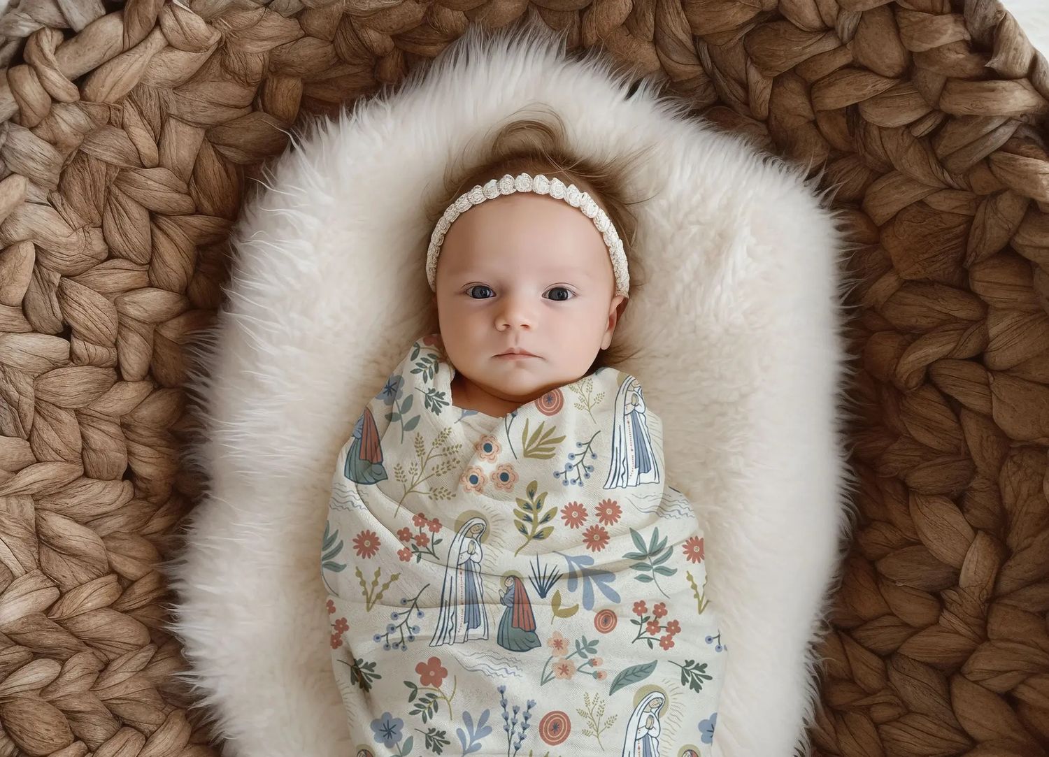 Our Lady of Lourdes &amp; St. Bernadette Deluxe Baby Swaddle - White
