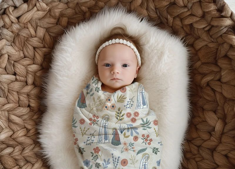 Our Lady of Lourdes &amp; St. Bernadette Deluxe Baby Swaddle - White