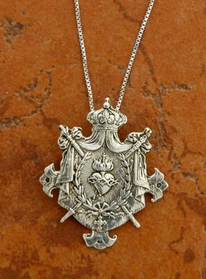 Sacred Heart with Crown &amp; Swords Sterling Silver Pendant