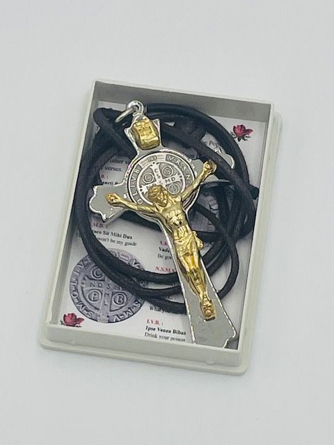 St Benedict Crucifix Silver Tone Cross/Gold Tone Corpus 3&quot; (w/cord)