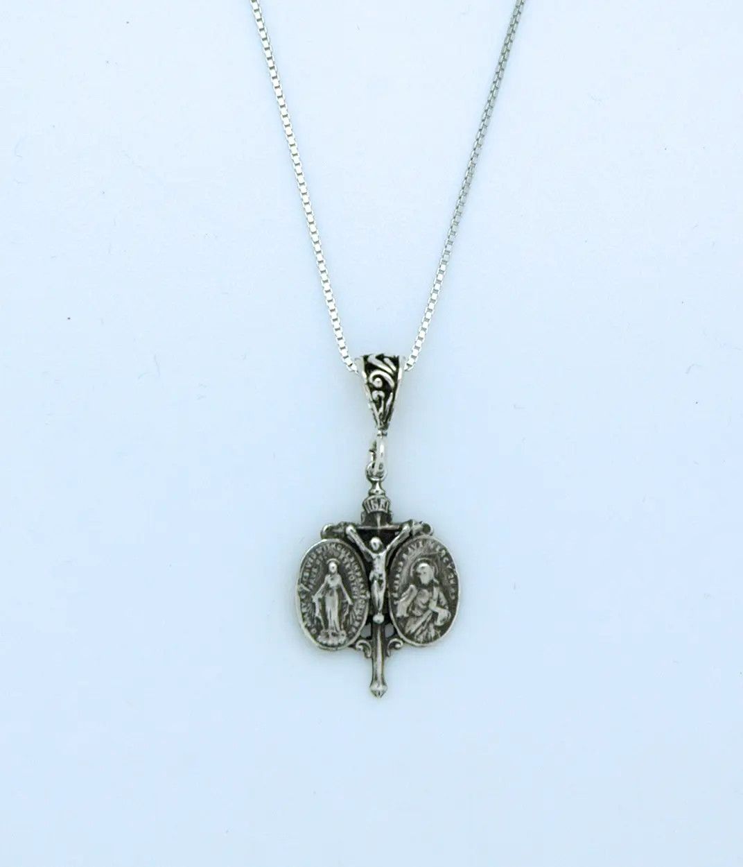 Sterling Silver Crucifix Pendant + Scapular &amp; Miraculous Medals