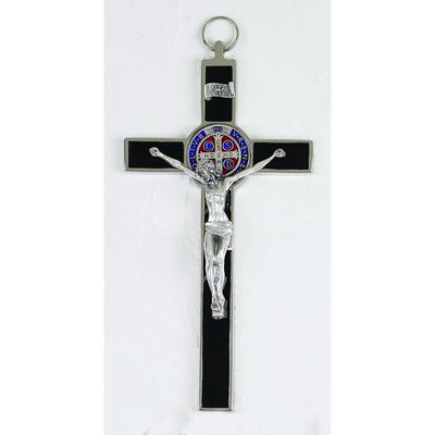 Crucifix St Benedict medal silver/enamel black w/ silver corpus 8&quot;