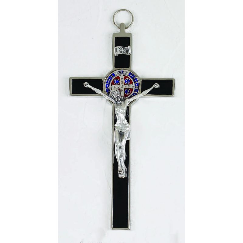 Crucifix St Benedict medal silver/enamel black w/ silver corpus 8&quot;