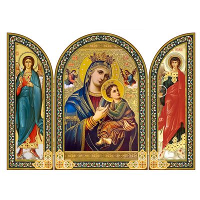 Perpetual Help Icon Triptych with Archangel Michael and Guardian Angel - wood + gold foil 6 1/4 Inch tall