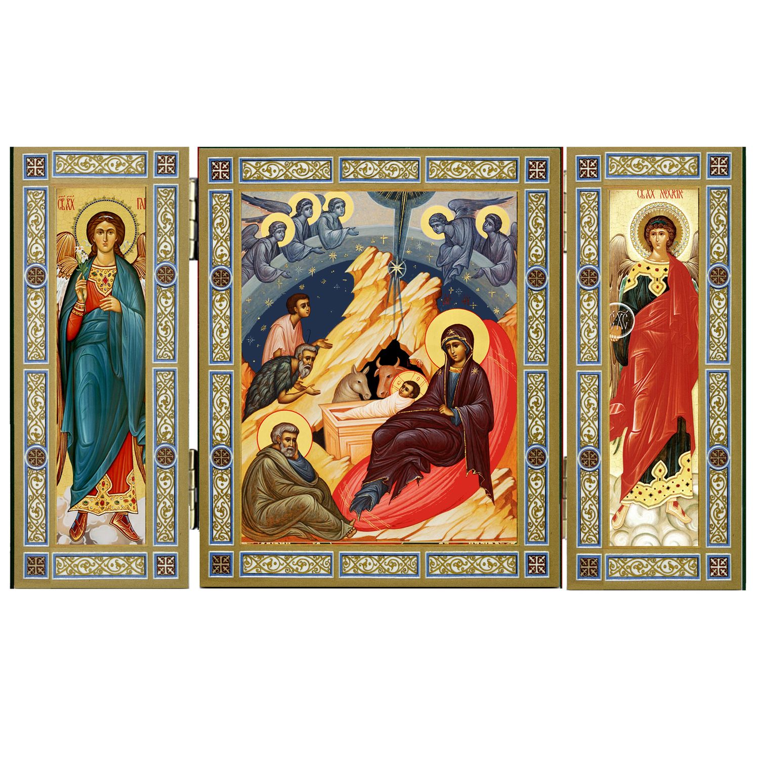 Traditional Byzantine Style Nativity Icon Triptych With Archangels Michael and Gabriel - Gold Foil - Wooden 5 1/16 Inch