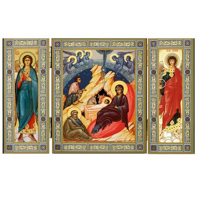 Traditional Byzantine Style Nativity Icon Triptych With Archangels Michael and Gabriel - Gold Foil - Wooden 5 1/16 Inch