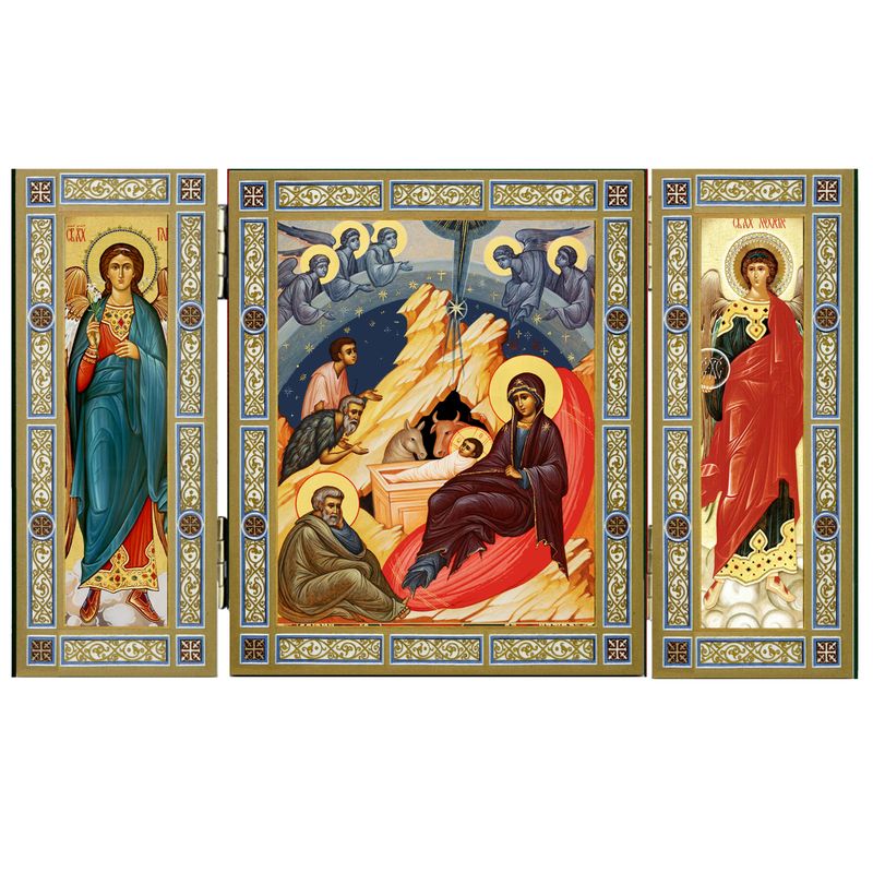Traditional Byzantine Style Nativity Icon Triptych With Archangels Michael and Gabriel - Gold Foil - Wooden 5 1/16 Inch