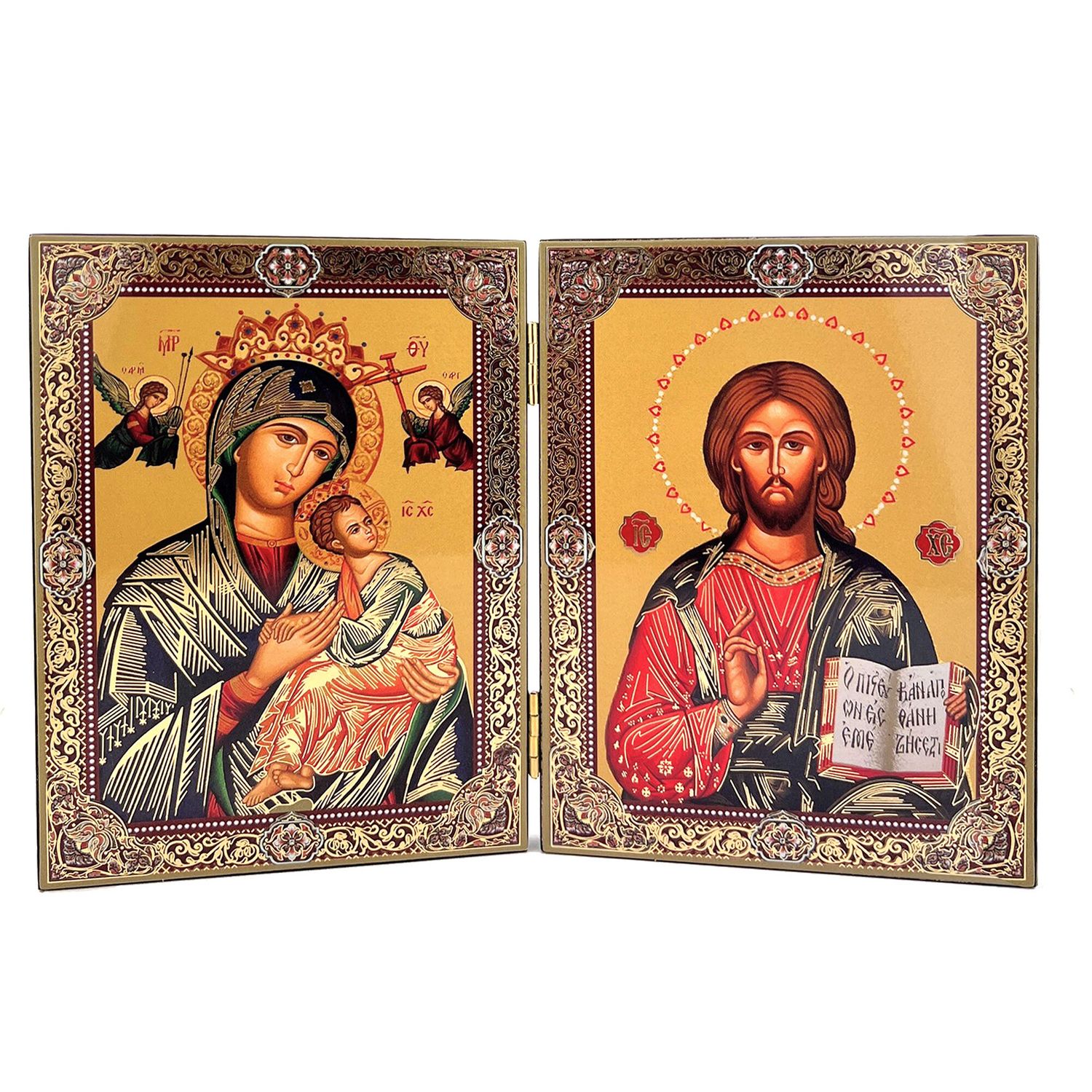 Icon Diptych - Christ The Teacher and Perpetual Help - wood + gold foil  5 1/4 inch tall