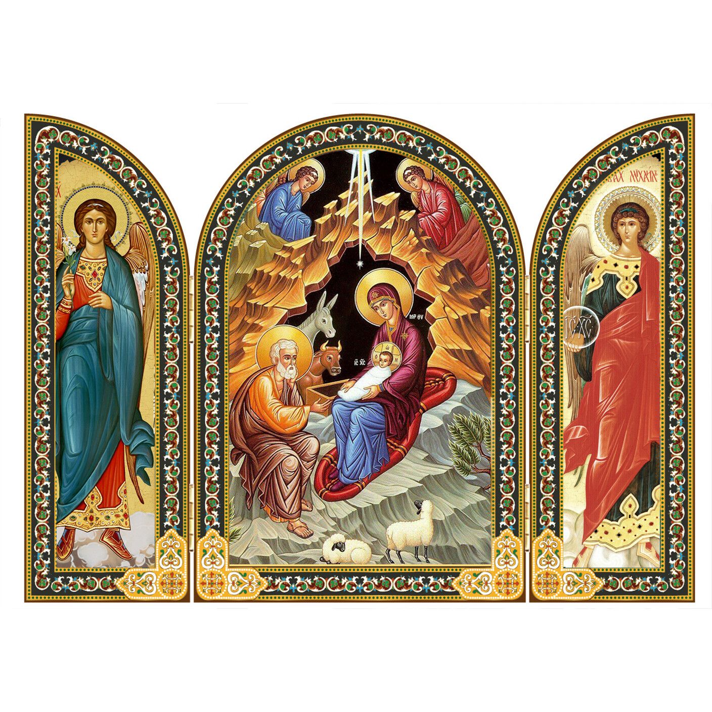 Nativity Icon Triptych with Archangel Michael and Gabriel - wood + gold foil - 6 1/4 Inch tall
